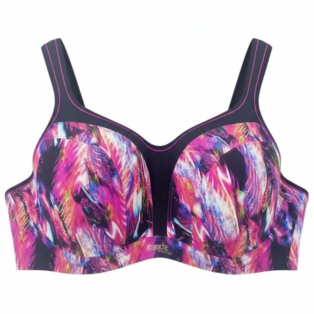 Panache Sport Wired Sports Bra 38E Pink Purple Abstract Feather Print 5021A